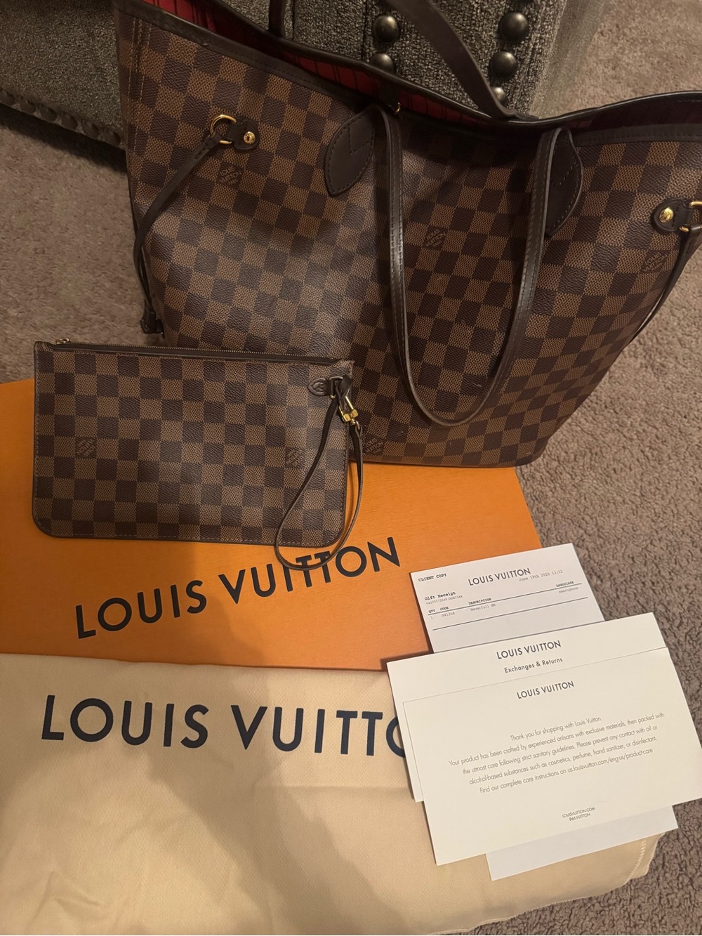 Louis Vuitton Damier Ebene Tote in Brown with Red Interior